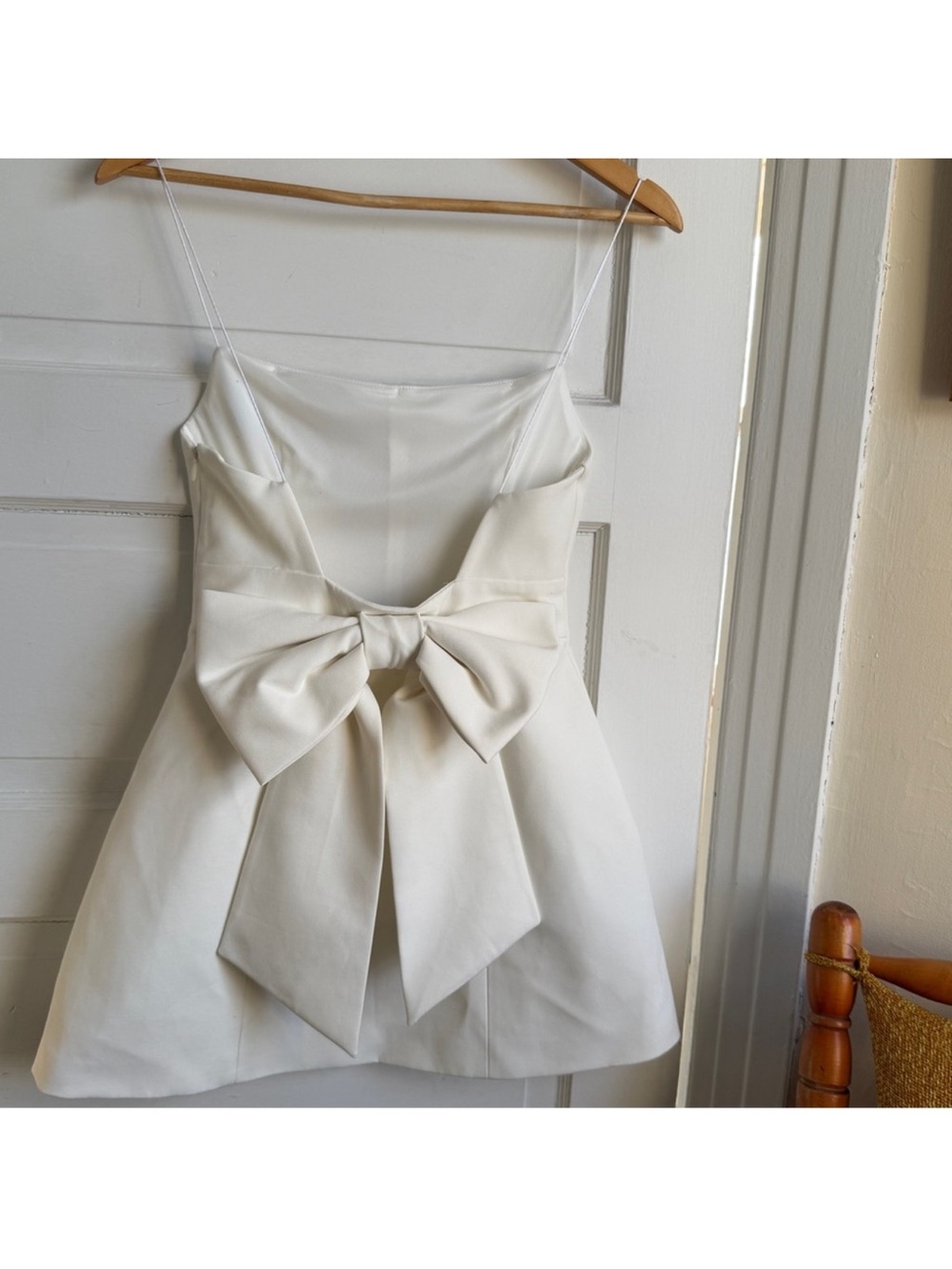 Zara White Stretch Short Dress Spaghetti Strap Big Back Bow Bridal Party NWT S